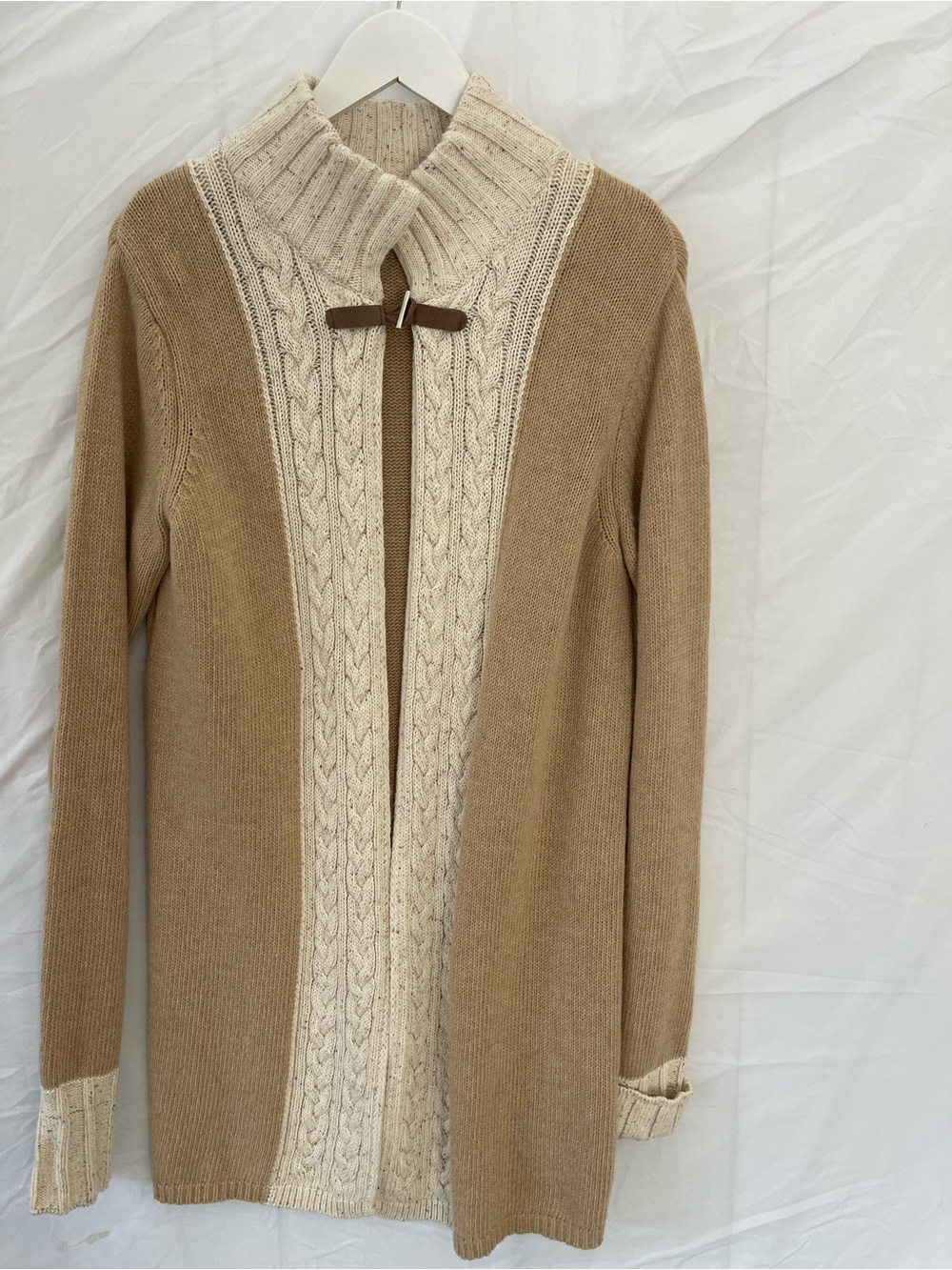 Beige & Cream Cable-Knit Women's Sweater Cardigan- Large